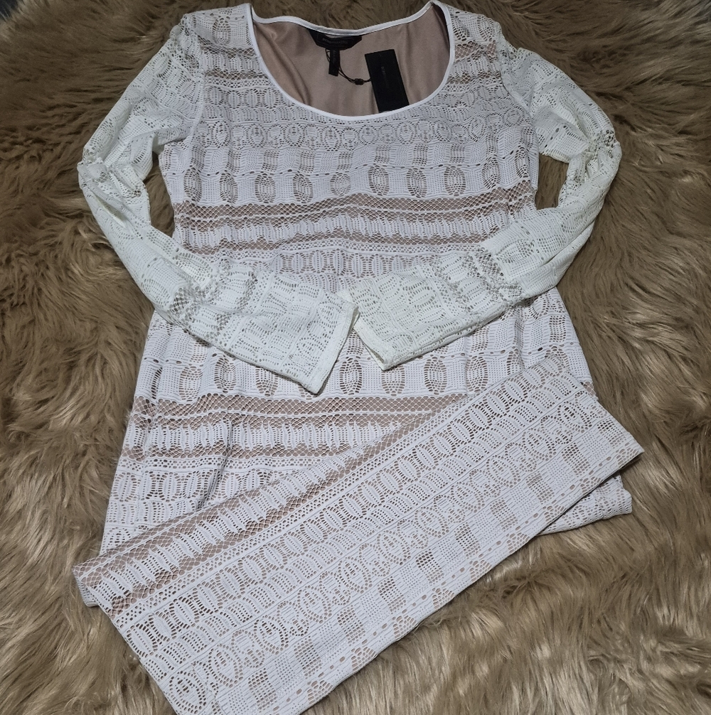BCBGMaxAzria White and Tan Lining Long Sleeve Dress Bodycon